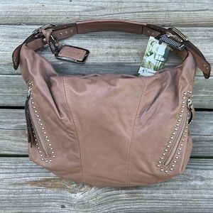 B. Makowsky Studded Shoulder Purse Cocoa Brown Leather Slouch Bag New